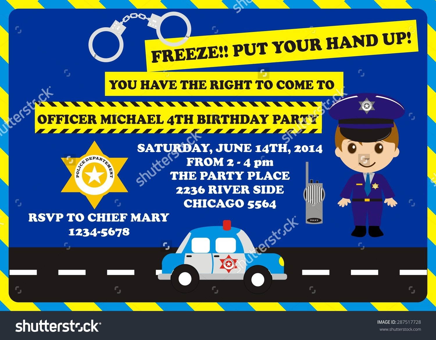 Cute Police Officer Birthday Party Invitation Stock Vector