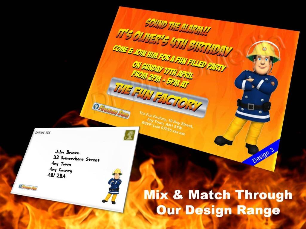 Fireman Sam Party Invitations, Envelopes, Favour Sweet Bags