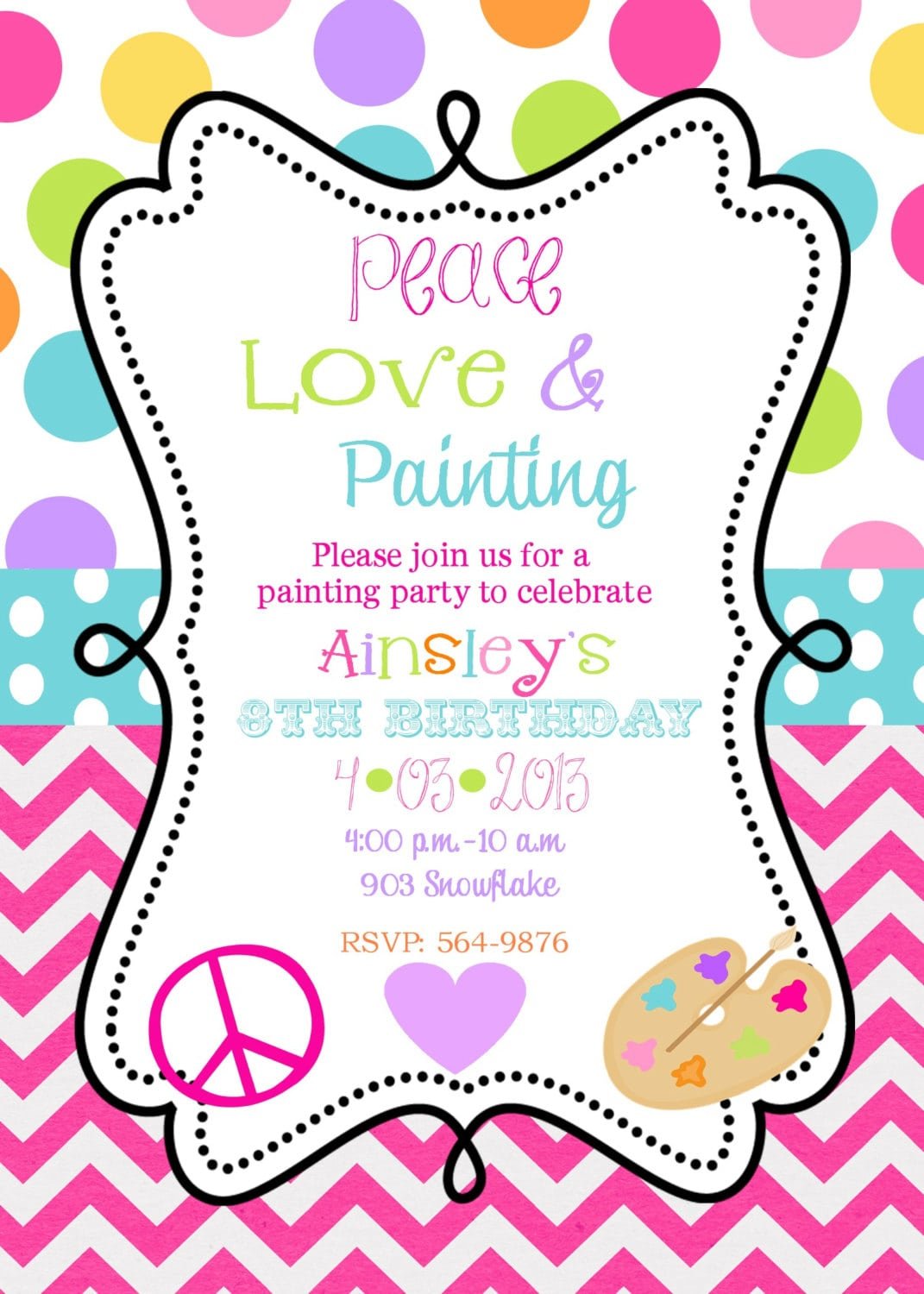 12 Peace Love Painting Party Birthday Invitations With Envelopes