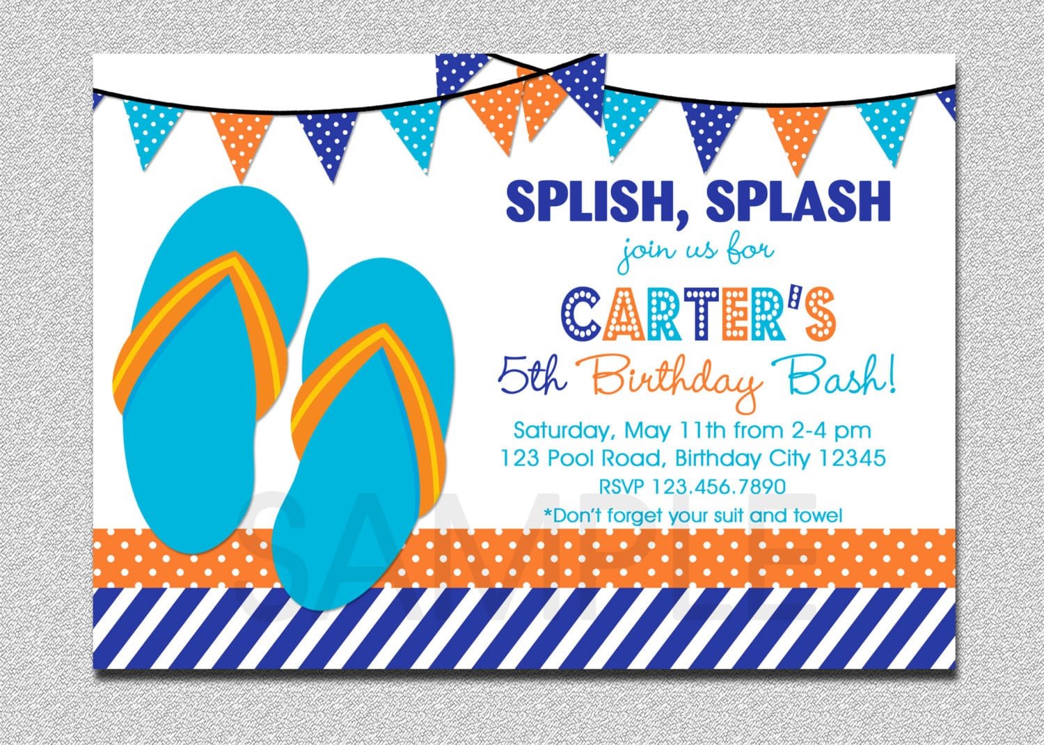 Boys Pool Party Invitation Boys Flip Flops Pool Party