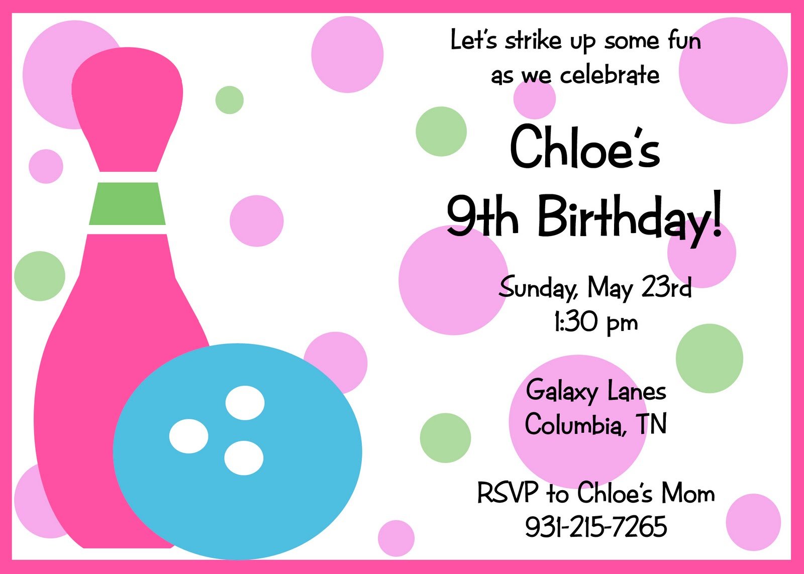 Free Printable Bowling Birthday Invitations