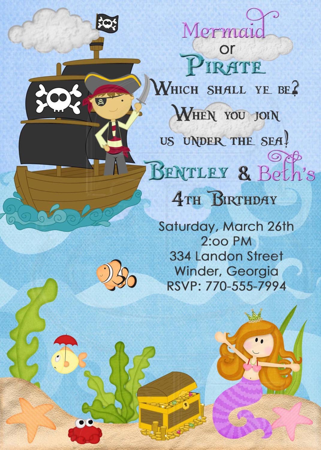 Mermaid Pirate Party Invitations