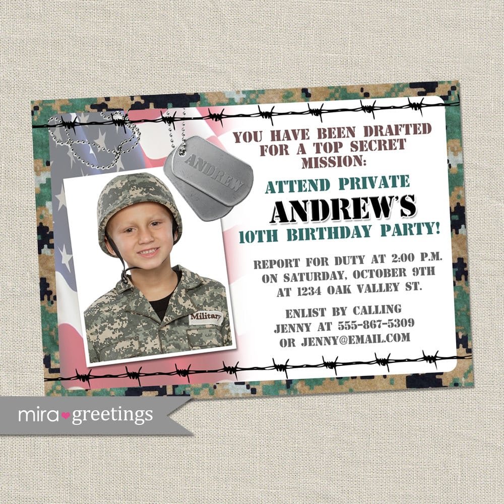 Military Birthday Party Invitation Camo Invites Army Party