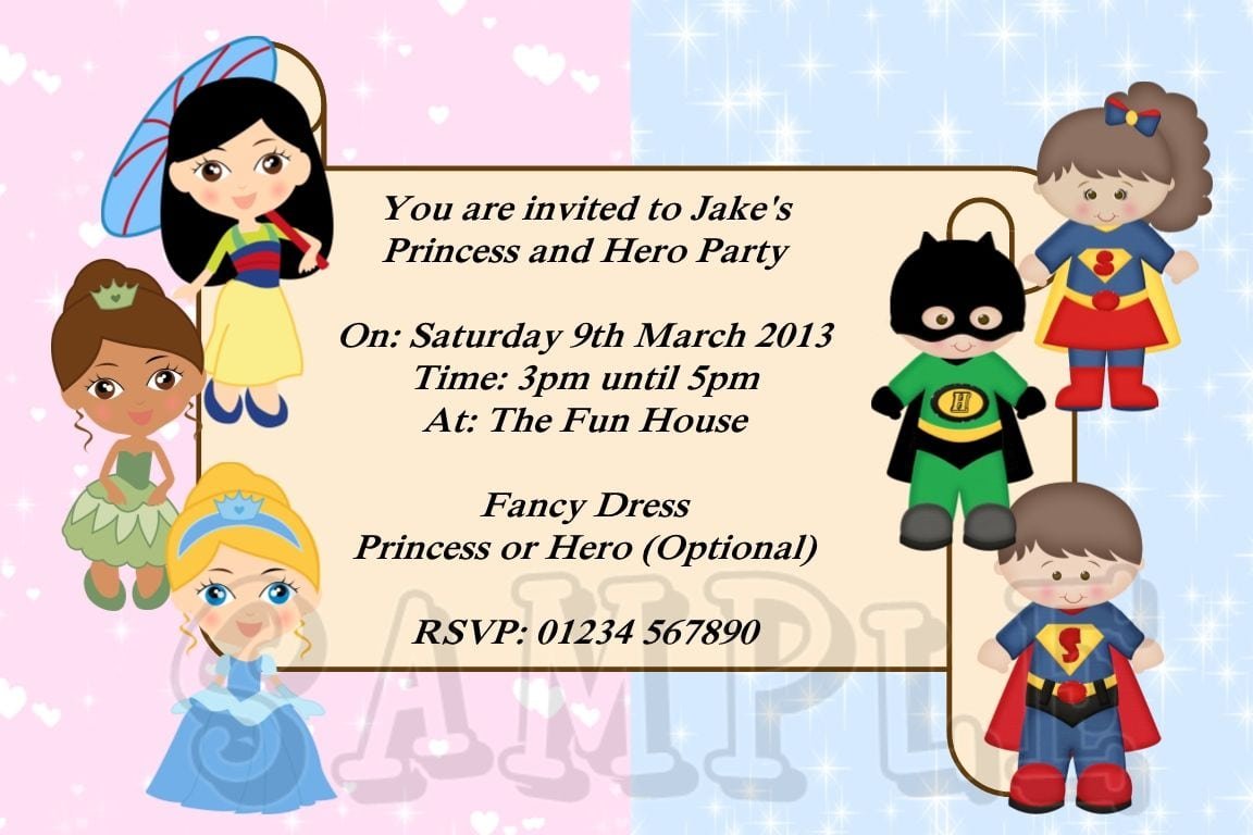 Personalised Princess And Super Hero Birthday Party Invitations