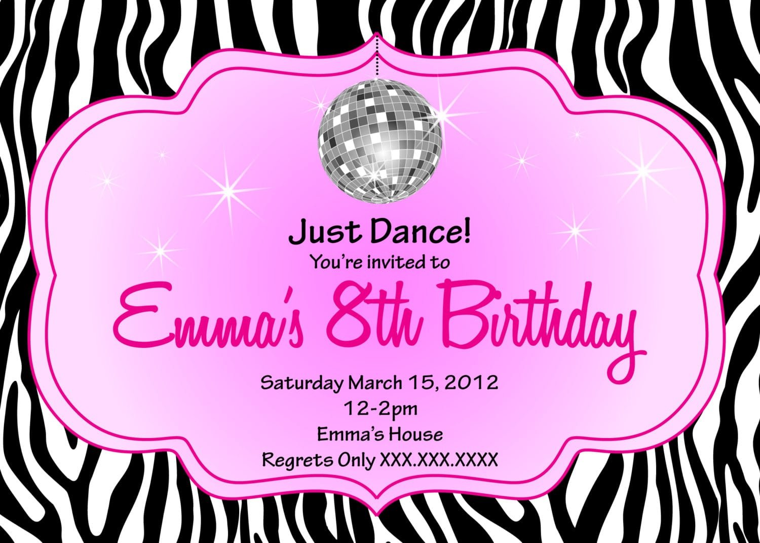 Zebra Disco Diva Birthday Printable Invitation