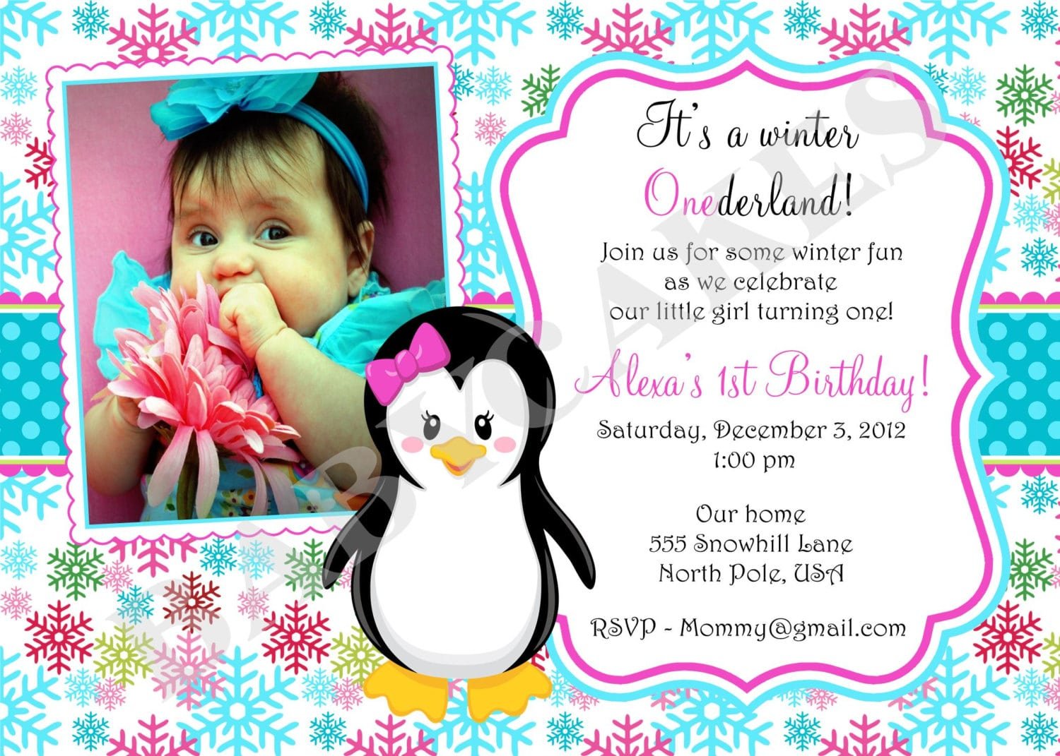 Penguin 1st Birthday Invitation Winter Onederland Snowflake