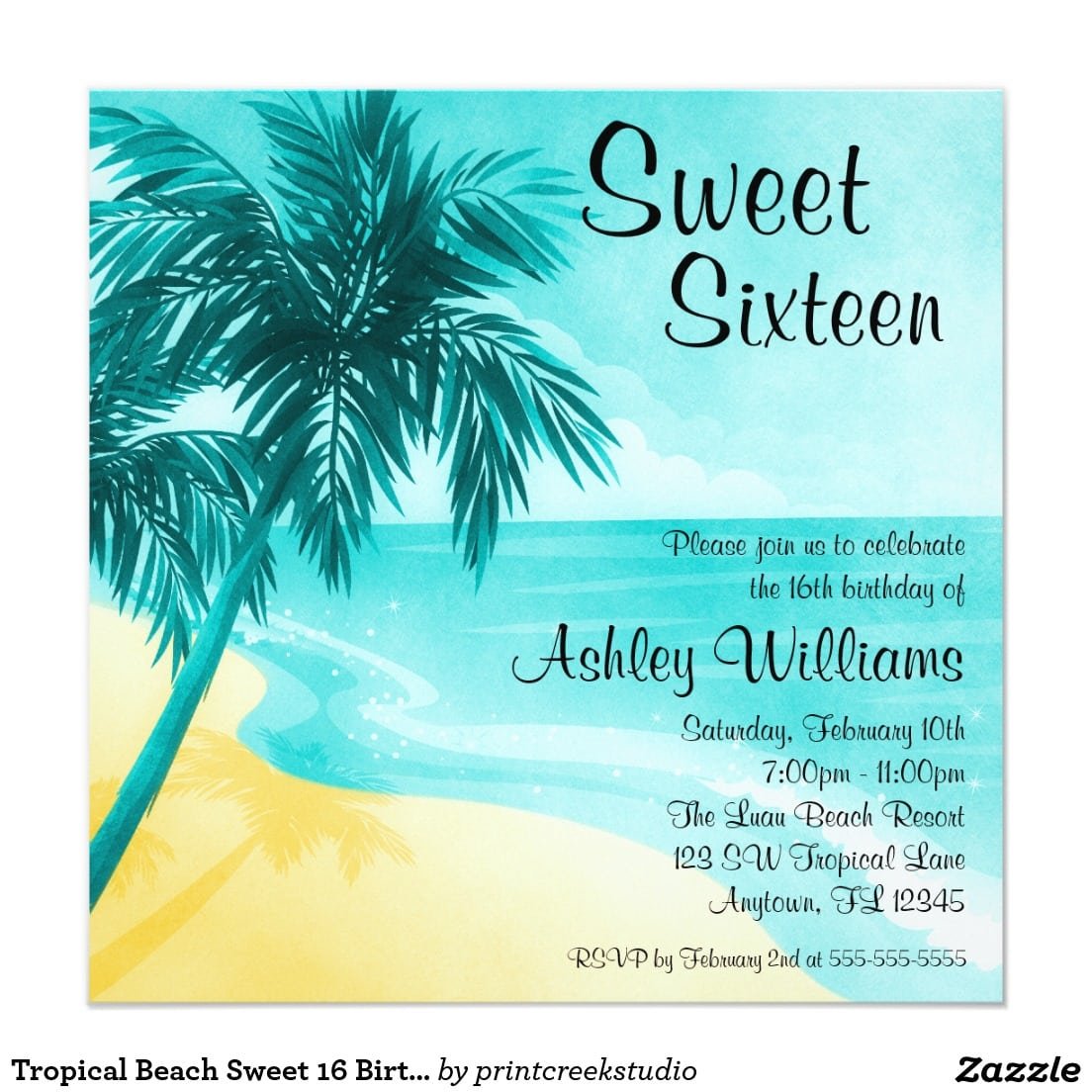 Tropical Beach Sweet 16 Birthday Party Invitations