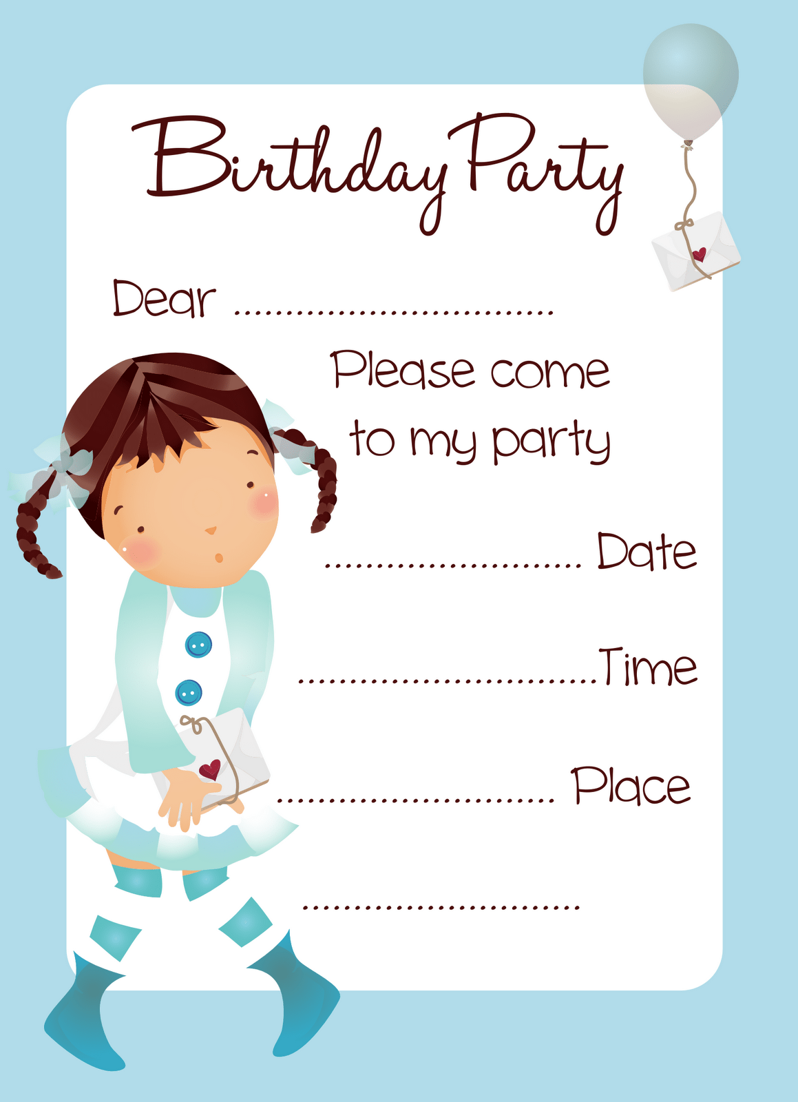 Blue Balloon Print Invitation Cards Girl Birthday Party Printable