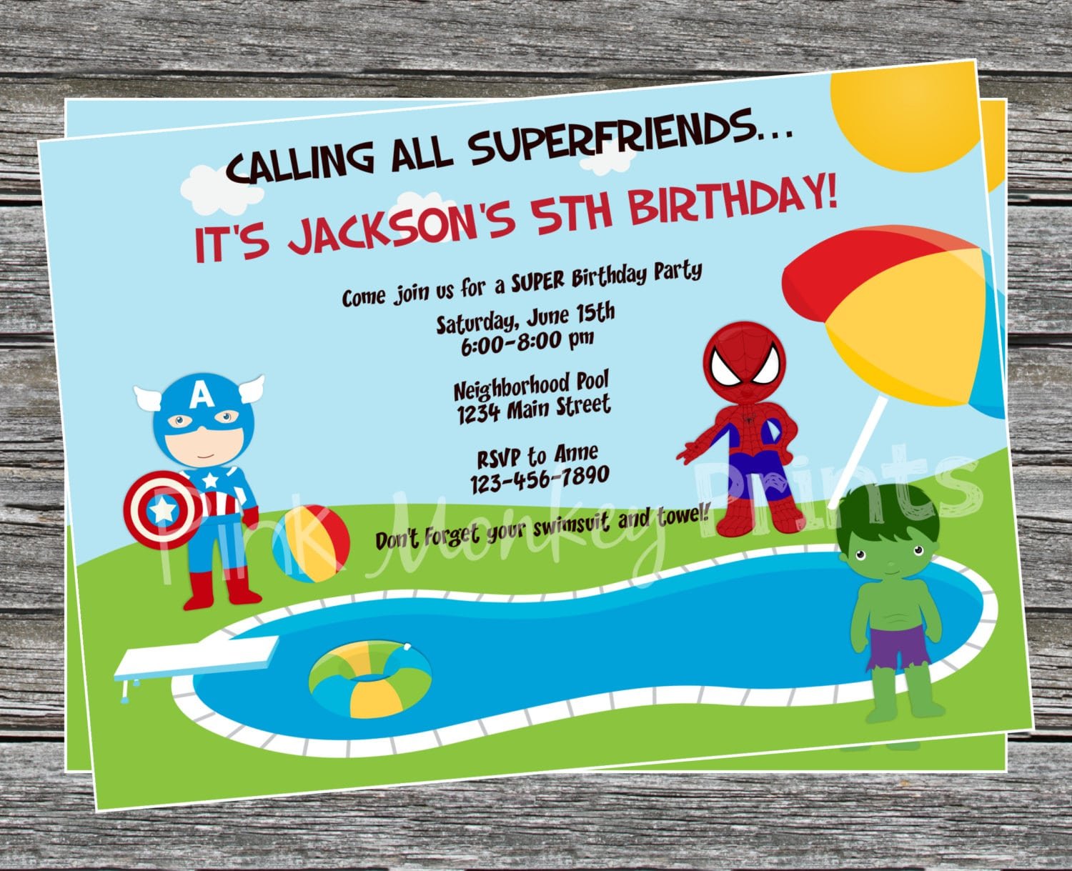 Diy Boy Superhero Pool Party Birthday Invitation