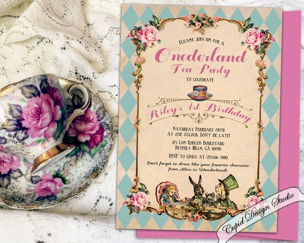 Printable Alice In Wonderland 1st Birthday Invitation Printed