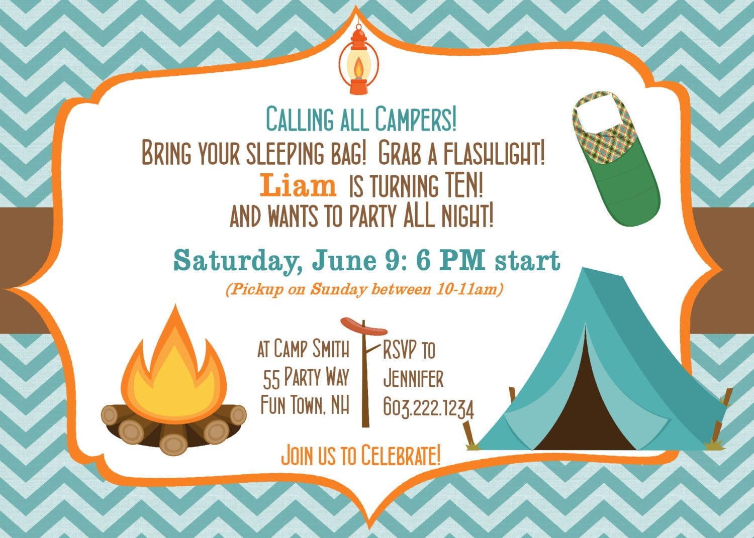 Stylish Camping Out Birthday Party Invitation With Blue Zigzag