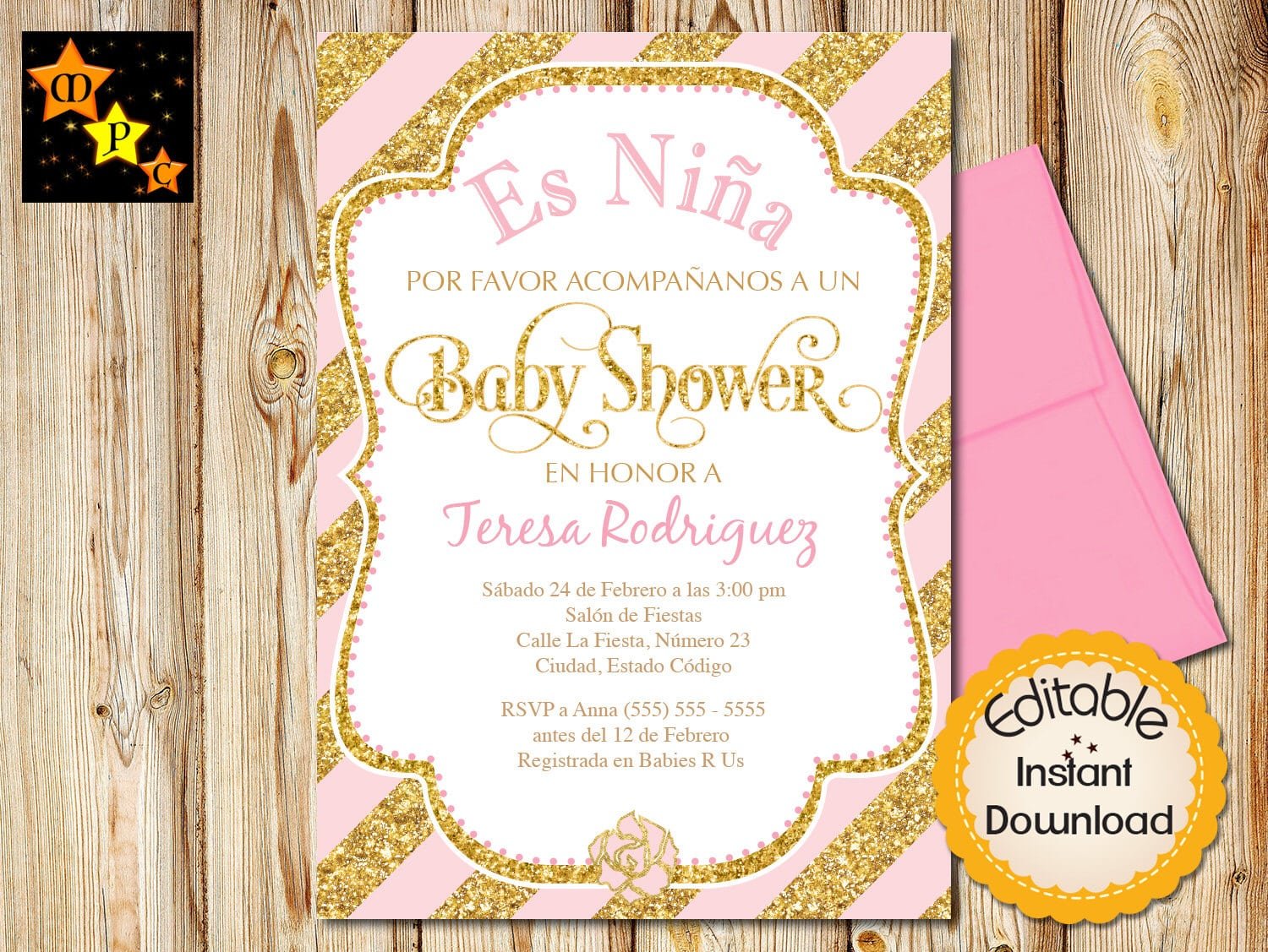 Spanish Baby Shower Invitation, Girl, Pink And Gold Elephant