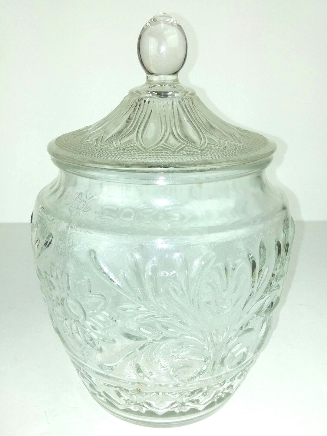 Sandwich Glass Clear Cookie Jar Floral Leaves 11  Tall Vintage