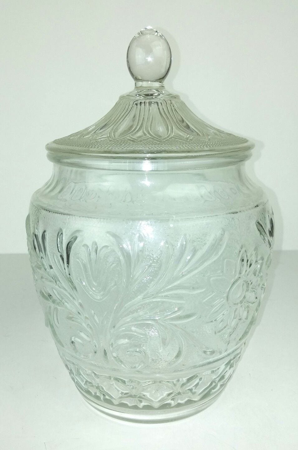 Sandwich Glass Clear Cookie Jar Floral Leaves 11  Tall Vintage