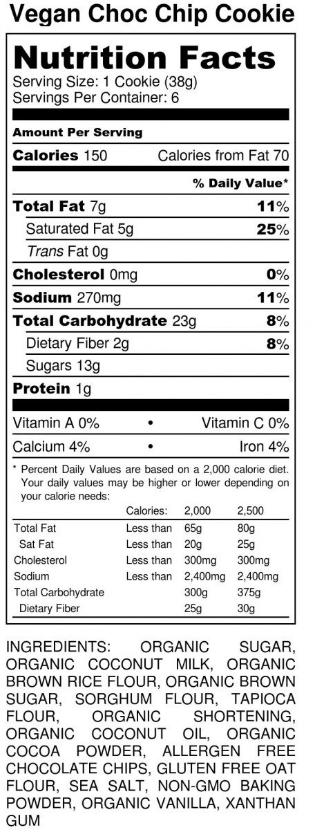 Vegan Choc Chip Cookie â Nutrition Label